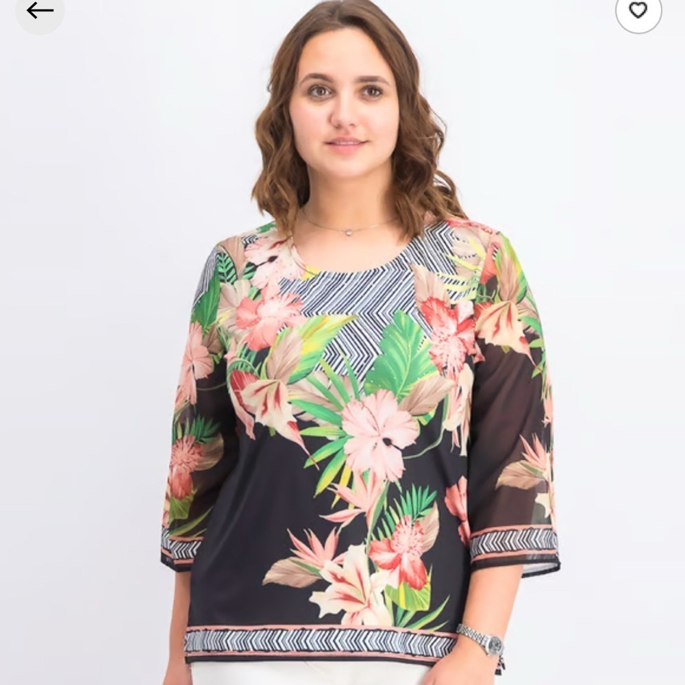 XL JM COLLECTION Tropical Floral Women's Blouse Black and Pink